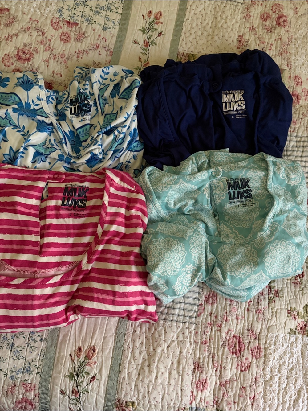 Lot of 4 Muk Luks Women’s Jumpers- Blue Floral, Navy, Pink Stripe, Mint Paisley